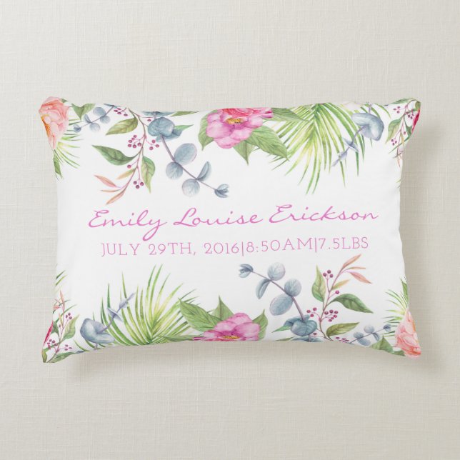 Baby Birth Stats Girl Name Tropical Floral Accent Pillow (Front)