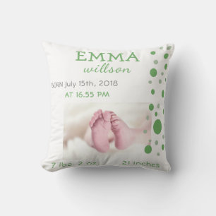 Baby Birth Stats Green Circles Photo Throw Pillow