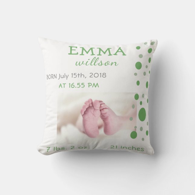 Baby Birth Stats Green Circles Photo Throw Pillow (Front)