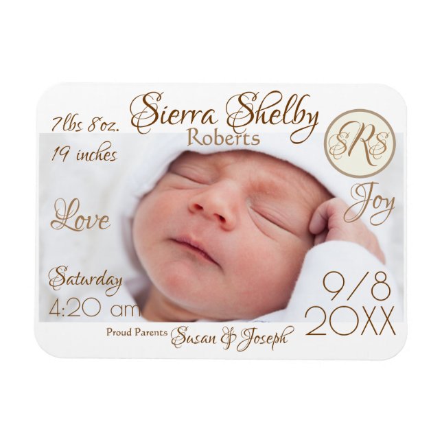 Baby Birth Stats & Photo Monogram Custom Keepsake Magnet (Horizontal)