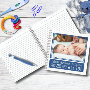 Baby Birth Stats Photo Notebook Blue Stripes