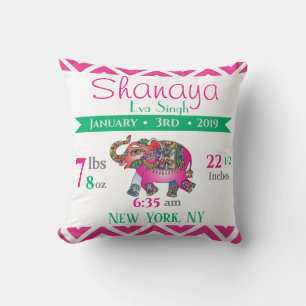 Baby Birth Stats Pink and Green Indian Elephant Throw Pillow