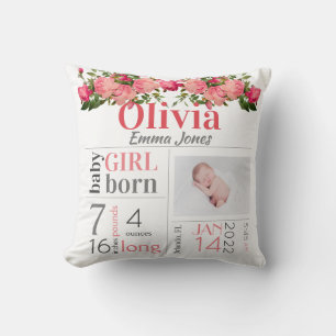 Baby Birth Stats Pink and Peach Floral Throw Pillo Pillow