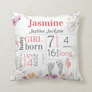 Baby Birth Stats Pink and Peach Flowers Footprint Throw Pillow