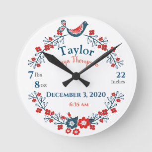 Baby Birth Stats Sign Blue and Red Bird Wreath Round Clock
