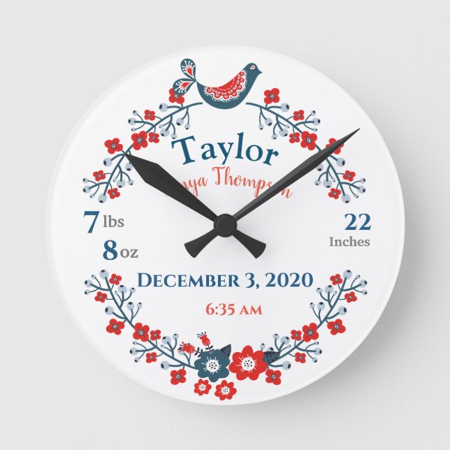 Baby Birth Stats Sign Blue and Red Bird Wreath Round Clock (Front)