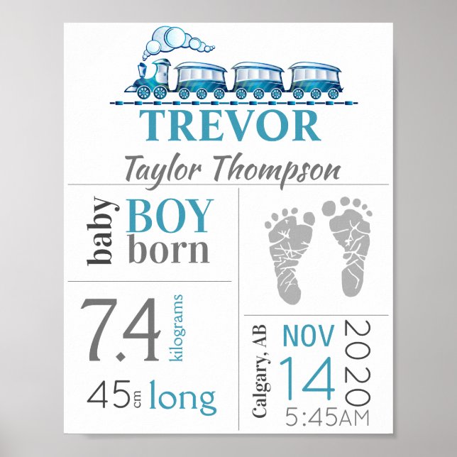 Baby Birth Stats Sign with Blue Train  & Footprint (Front)