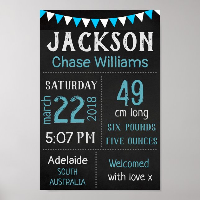 Baby Birth Stats Wall Print Poster – Blue Chalk (Front)