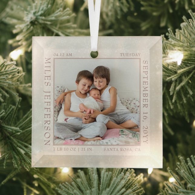 Baby Birth Stats White Snowflake Photo Frame Glass Glass Ornament (Insitu)