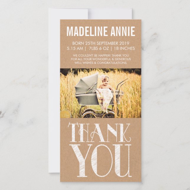 Baby Birth Thank You Photo Cards Rustic Burlap (Front)