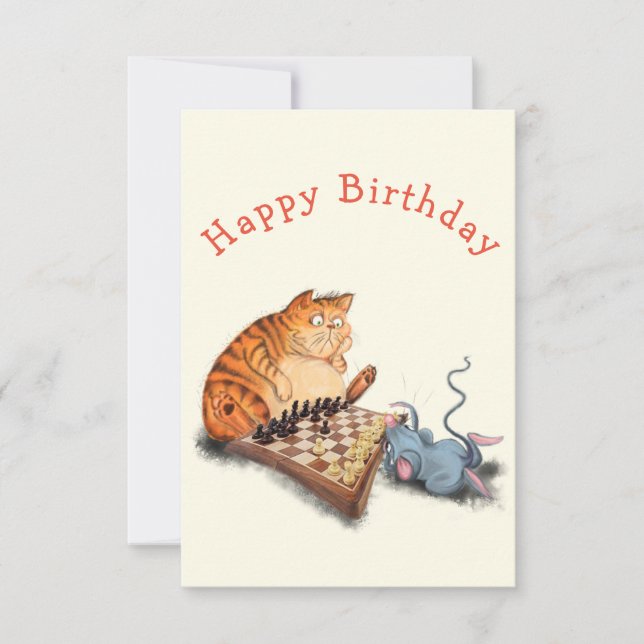 Baby Birthday Card Cat and Mouse Playing Chess (Front)