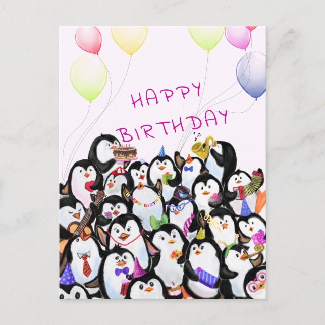 Baby Birthday Card Happy Penguins Party Your Text (Front)