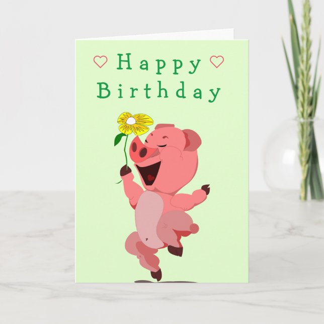 Baby Birthday Card happy Piglet with Flower (Front)