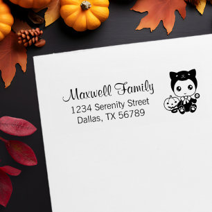 Baby Black Cat Pumpkin Family Address Rubber Stamp