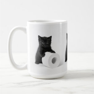 Baby Black Kitten Guarding Toilet Paper Roll On Coffee Mug