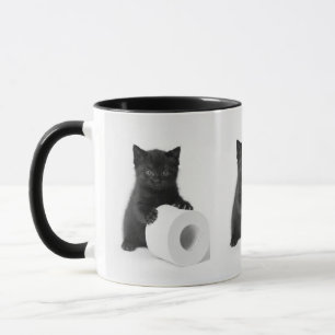 Baby Black Kitten Guarding Toilet Paper Roll On Mug