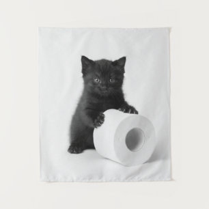 Baby Black Kitten Guarding Toilet Paper Roll On Tapestry