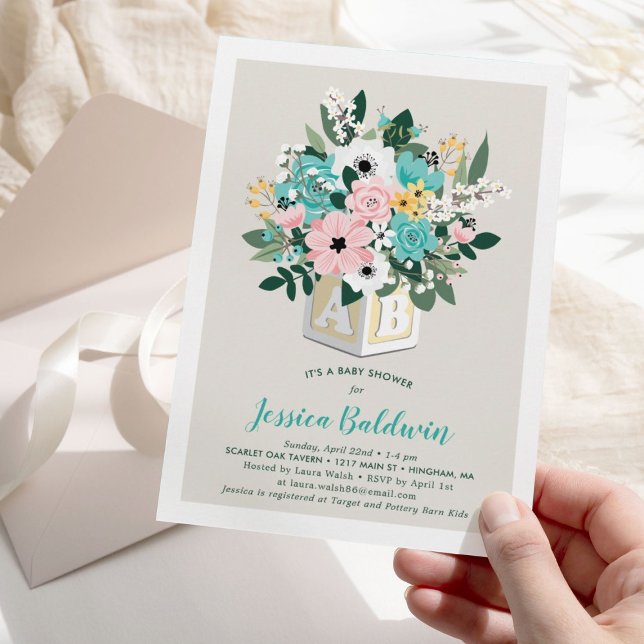 Baby Block Flower Arrangement Baby Shower Invitation (Creator Uploaded)