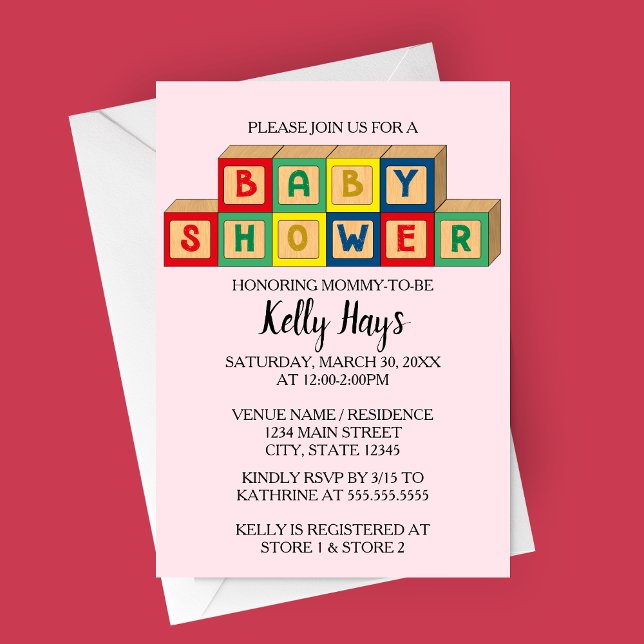 Baby Blocks Baby Shower Invitation (Baby Blocks Baby Shower Invitation with Light Pink Background )
