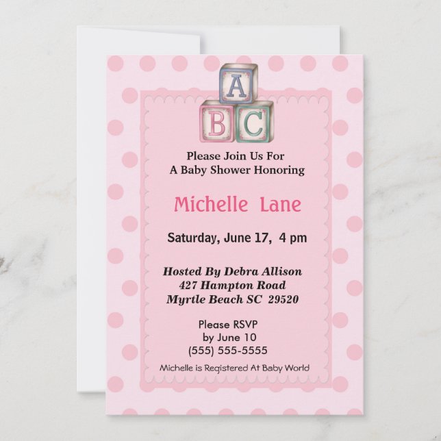 Baby Blocks Girl Shower  Invitation (Front)