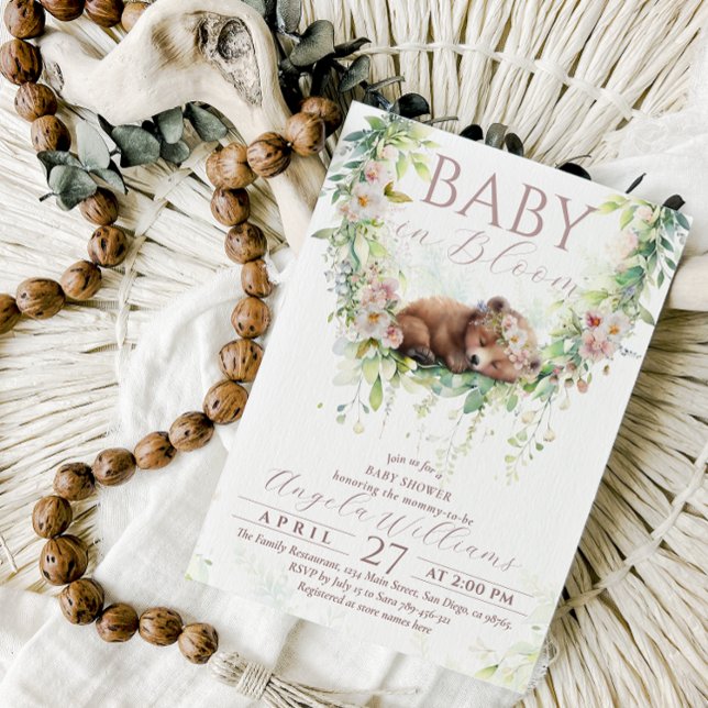 Baby Bloom Floral Woodland Bear Baby Girl Shower Invitation (Creator Uploaded)
