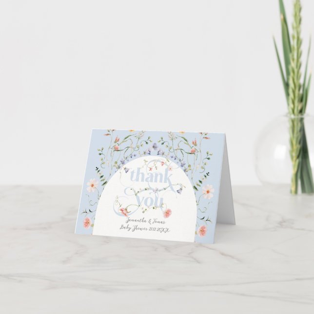 Baby Bloom Wildflower Blue Baby Shower Thank You Card (Front)