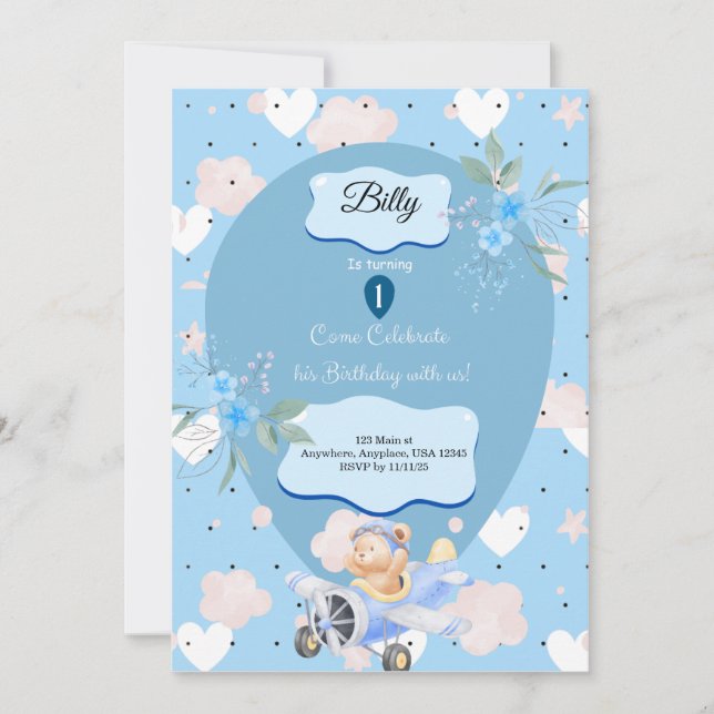 Baby Blue 1st Birthday invitation  (Front)