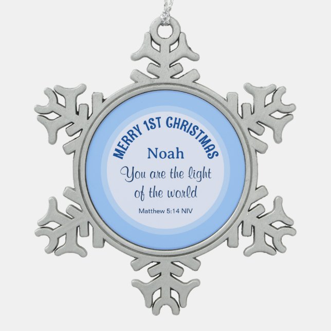 Baby Blue 1st Christmas Christian Bible Verse Name Snowflake Pewter Christmas Ornament (Front)