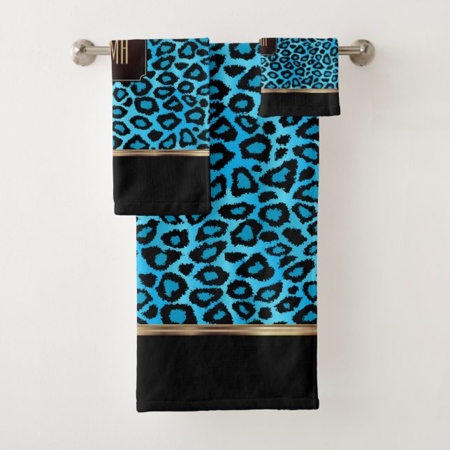 Baby Blue and Black Leopard Pattern with Monogram Bath Towel Set (Insitu)