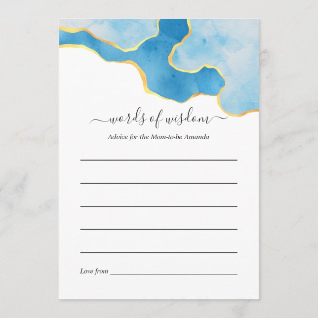 Baby Blue and Gold Agate Boy Baby Shower Game Advice Card (Front)