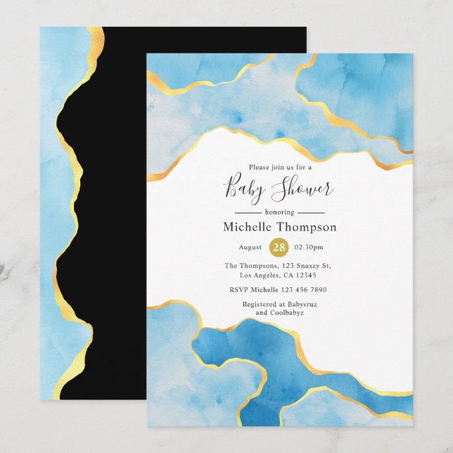 Baby Blue and Gold Agate Boy Baby Shower Invitation (Front/Back)