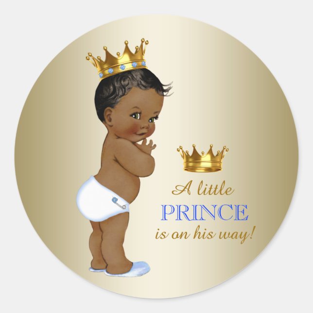 Baby Blue and Gold Ethnic Prince Baby Shower Classic Round Sticker (Front)