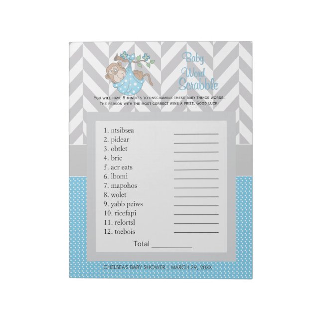 Baby Blue and Grey Monkey Baby Shower Scramble Notepad (Rotated)