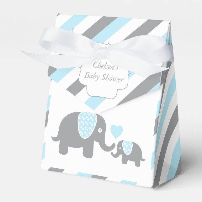 Baby Blue and Grey Stripe Elephant Favor Box (Front Side)
