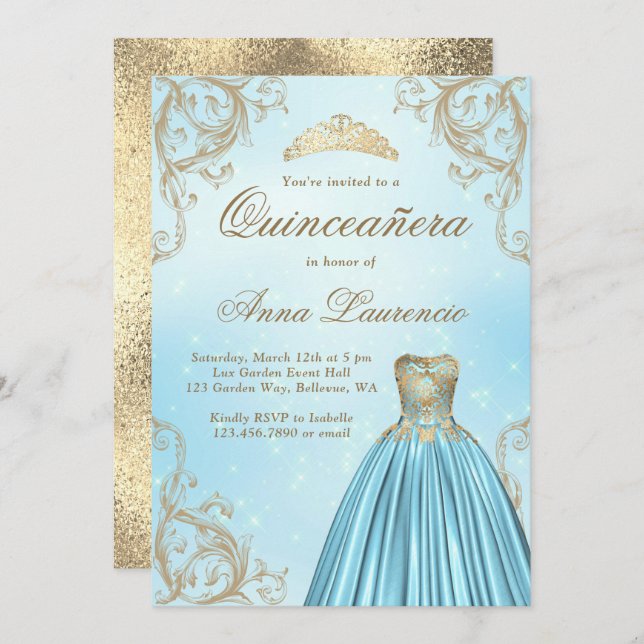 Baby Blue And Light Gold Quinceanera Invitation (Front/Back)