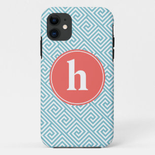 Baby Blue and Orange Greek Key Pattern Monogram iPhone 11 Case