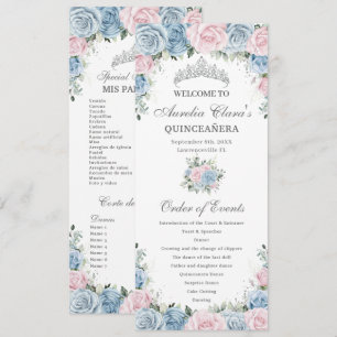 Baby Blue and Pink Floral Quinceañera Program Card