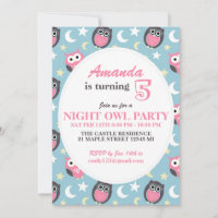 Baby Blue and Pink Owl Cartoon Birthday Invitation