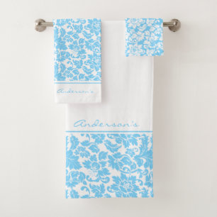 Baby Blue And White Damask Bath Towel Set