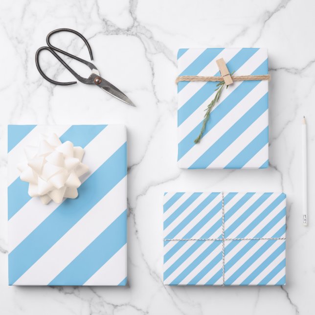 Baby Blue and White Different Sizes Diag. Stripes Wrapping Paper Sheet (Front)