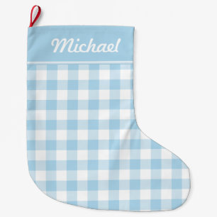 Baby Blue and White Gingham Personalized Large Christmas Stocking