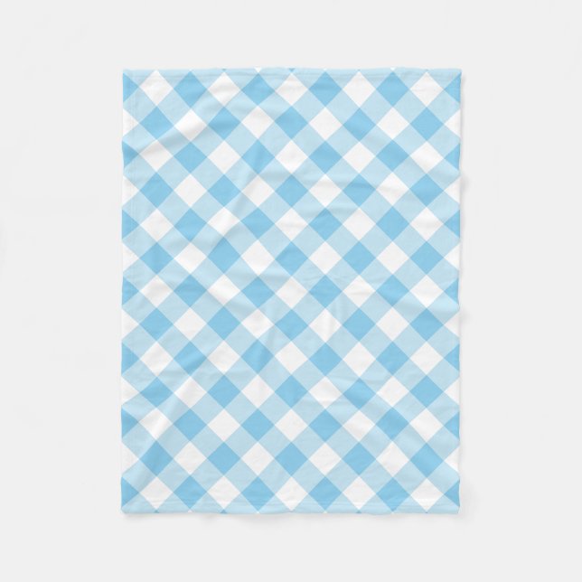 Baby Blue and White Large Diagonal Gingham Checks Fleece Blanket (Front)