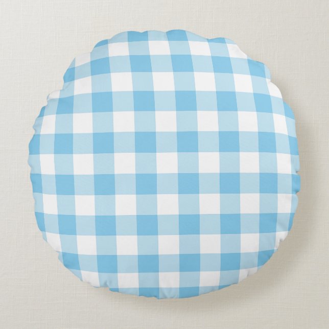 Baby Blue and White Large Size Gingham Checks Round Pillow (Front)