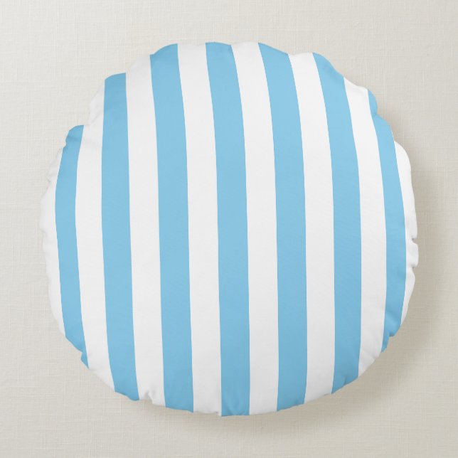 Baby Blue and White Large Size Stripes Round Pillow (Front)