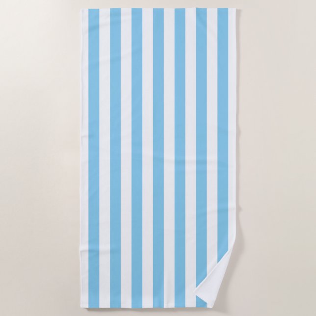Baby Blue and White Large Size Vertical Stripes Beach Towel (Front)