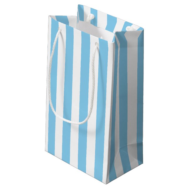 Baby Blue and White Large Size Vertical Stripes Small Gift Bag (Back Angled)