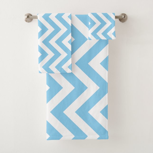 Baby Blue and White Large Vert. Chevron Stripes Bath Towel Set (Insitu)