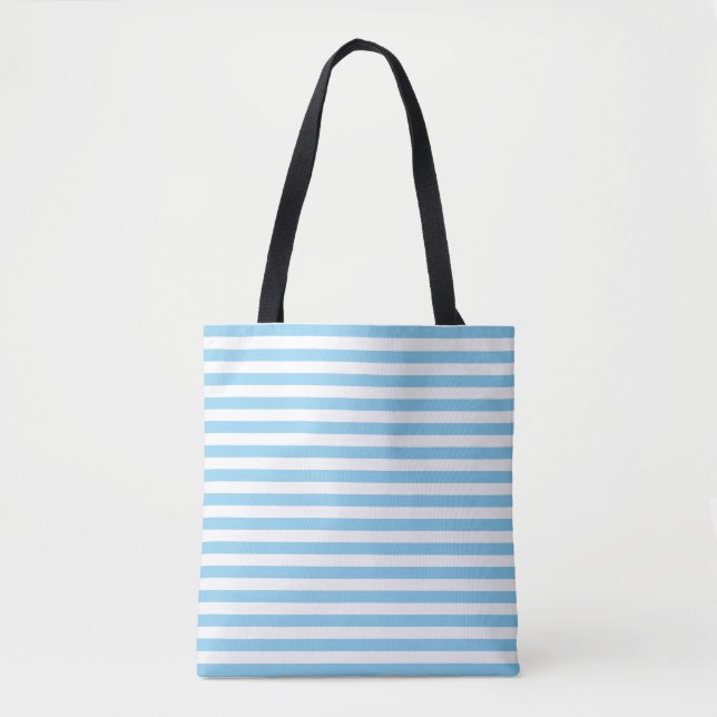 Baby Blue and White Medium Horiz. Stripes Pattern Tote Bag (Front)