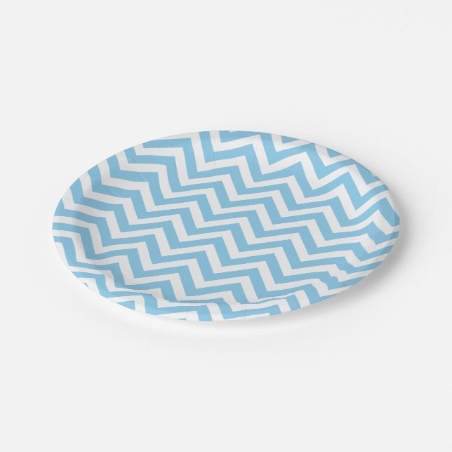 Baby blue and White Medium Size Chevron Stripes Paper Plate (Angled)
