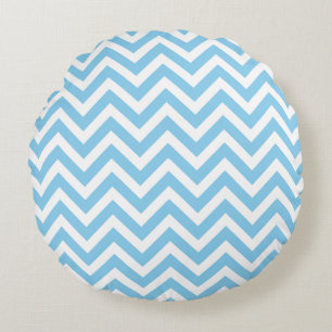 Baby blue and White Medium Size Chevron Stripes Round Pillow